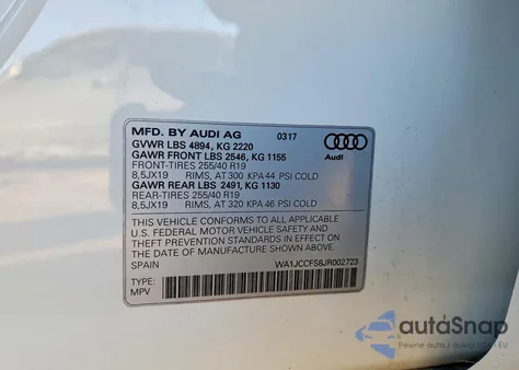 2018 Audi Q3 Premium Plus z USA, uszkodzony, nr VIN WA1JCCFS8JR002723